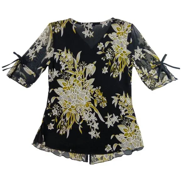 Design Works- Women's Top-Black, Green-White floral- PSMALL-Lined 3/4 Sleeve - Picture 3 of 14